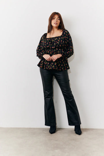 Black Rose Print Smock Top